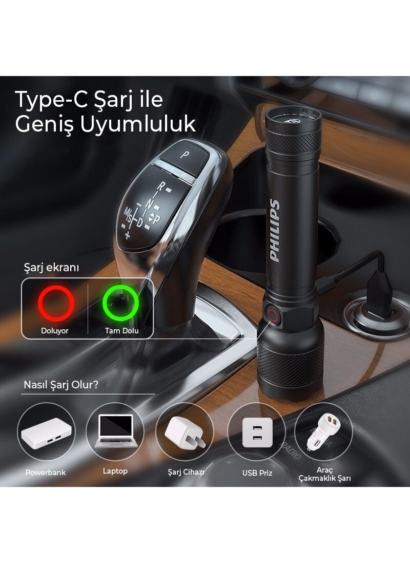 Philips SFL2188/93 450 Lumen 200 Meter Range IP55 Waterproof 2200MAH Type-C Rechargeable LED Flashlight Black