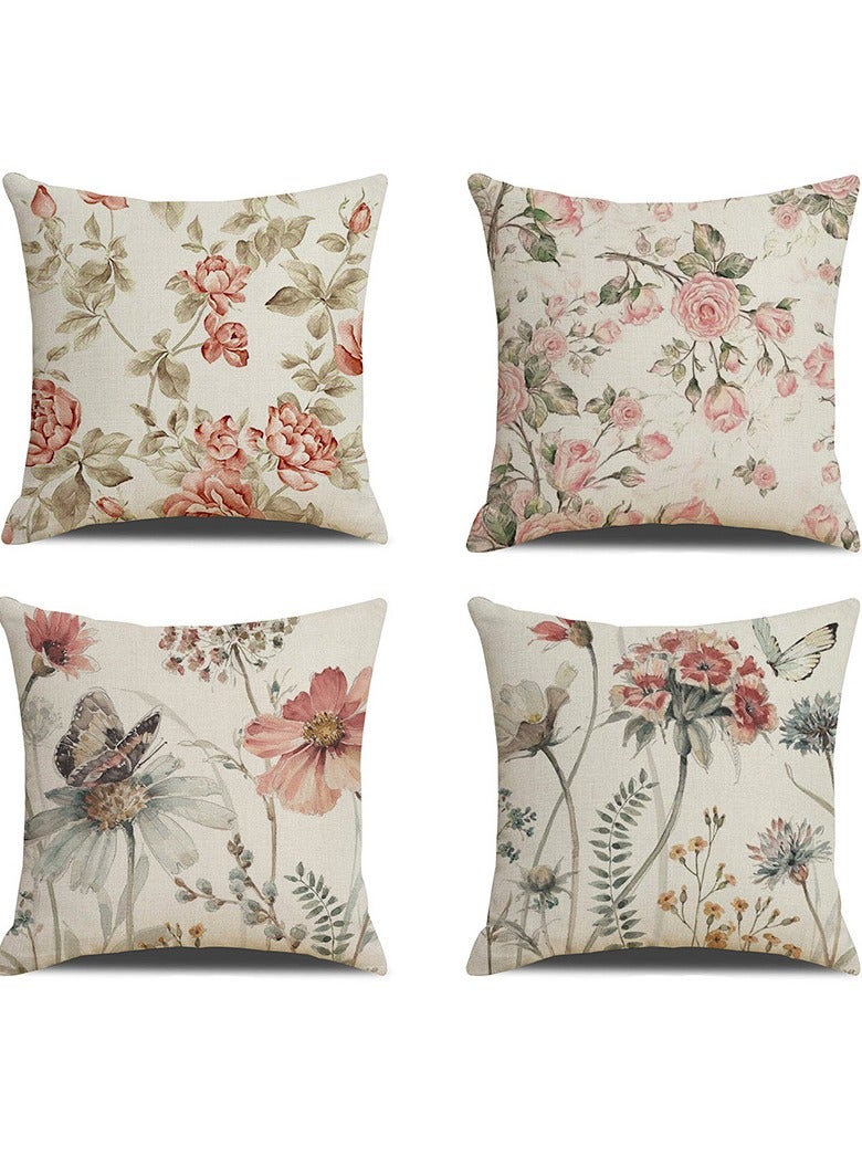 Decorative Throw Pillow Covers 18x18 inches Set of 4 Birds Butterfly and Plant Cushion Covers 45cm x 45cm Boho Linen Square Throw Pillow Cases for Living Room Sofa Couch Bed Pillowcases - Image 1
