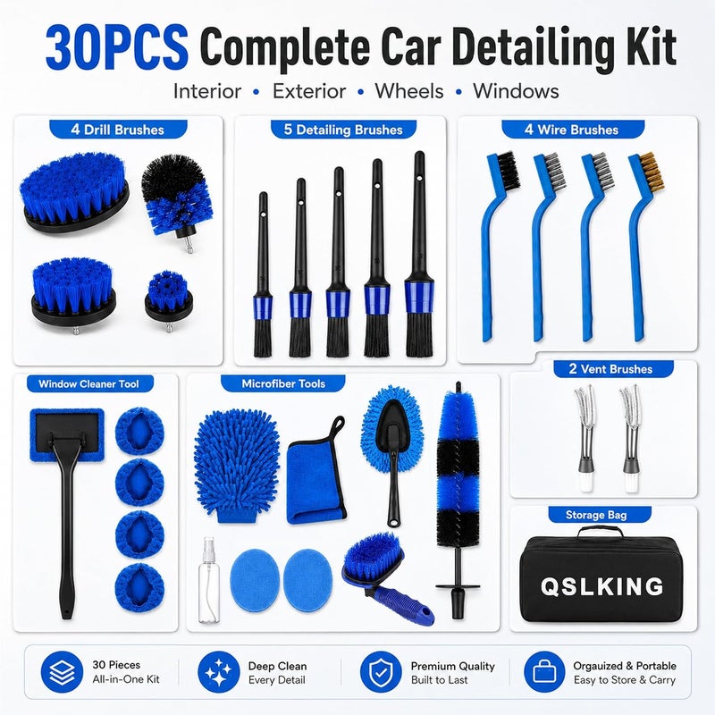 QSLKING 30PCS Car Detailing Kit - Car Cleaning Wash Brush Set, Auto Interior Detailing Washing Brush Kit Tool, Car Cleaning Supplies, Exterior Wheel Drill Brush, Automotive Tools Detailing Brushes - Image 2