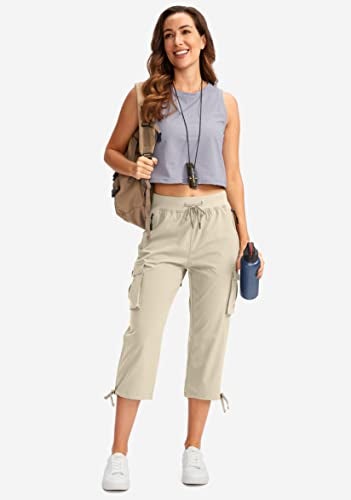 Soothfeel سروال كابري كارجو للنساء من سوذفيل مع 6 جيوب خفيف الوزن سريع الجفاف للسفر والمشي في الصيف للنساء عادي (كاكي، 3XL) - Image 5