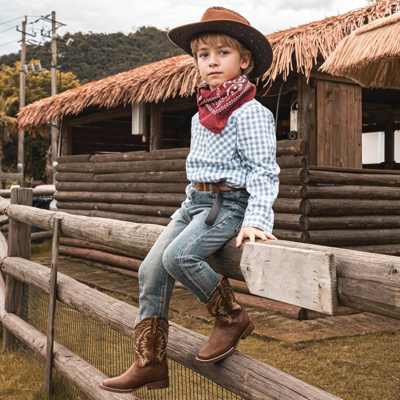 Parrosoo Boys Cowboy Boots Brown Cowgirl Girls Western Boot Kids Riding Shoes Size 4 Big Kid Square Toe Wide Calf Youth Boy Horse West Clothes Cow Horseback Hunting Fashion(8902 Brown 4) - Image 2