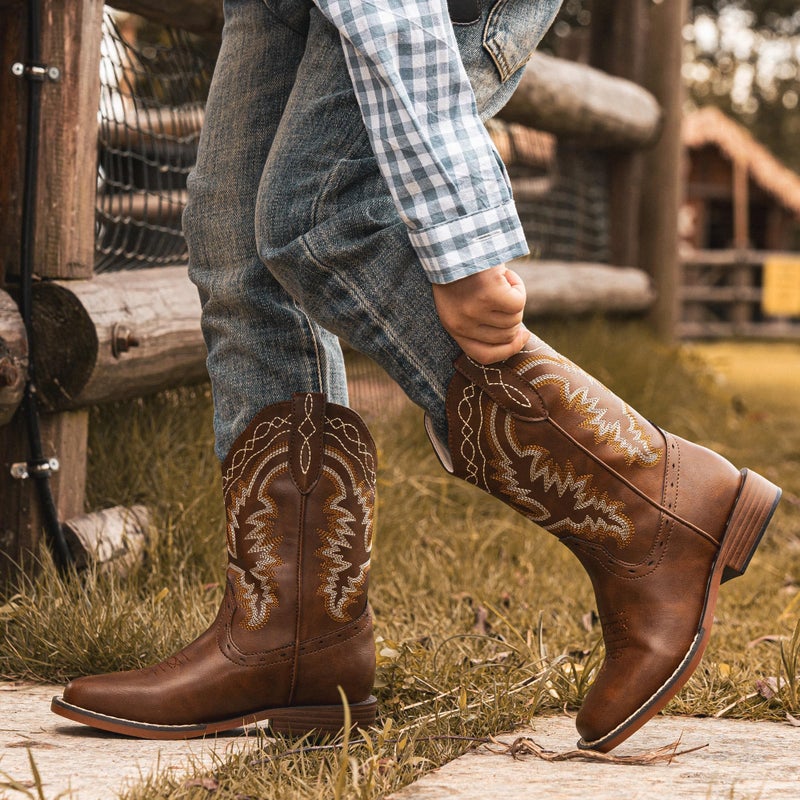 Parrosoo Boys Cowboy Boots Brown Cowgirl Girls Western Boot Kids Riding Shoes Size 4 Big Kid Square Toe Wide Calf Youth Boy Horse West Clothes Cow Horseback Hunting Fashion(8902 Brown 4) - Image 3