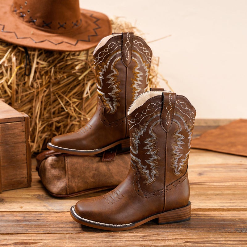 Parrosoo Boys Cowboy Boots Brown Cowgirl Girls Western Boot Kids Riding Shoes Size 4 Big Kid Square Toe Wide Calf Youth Boy Horse West Clothes Cow Horseback Hunting Fashion(8902 Brown 4) - Image 5