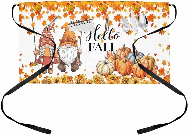 Thanksgiving Fall Waist Apron Orange Blue Pumpkins Botanical Chocolate 24x13 Inches - Image 1