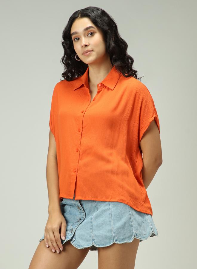 OUTZIDR Orange Solid Flowy Shirt - Image 1