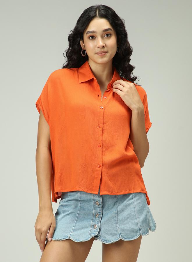 OUTZIDR Orange Solid Flowy Shirt - Image 2