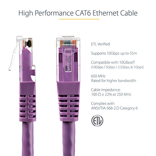 StarTech.com 50ft CAT6 Ethernet Cable - Purple CAT 6 Gigabit Ethernet Wire -650MHz 100W PoE++ RJ45 UTP Molded Category 6 Network/Patch Cord w/Strain Relief/Fluke Tested UL/TIA Certified (C6PATCH50PL) - Image 3