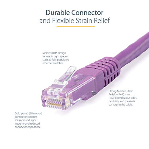 StarTech.com 50ft CAT6 Ethernet Cable - Purple CAT 6 Gigabit Ethernet Wire -650MHz 100W PoE++ RJ45 UTP Molded Category 6 Network/Patch Cord w/Strain Relief/Fluke Tested UL/TIA Certified (C6PATCH50PL) - Image 4