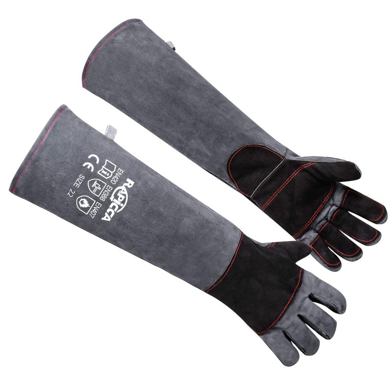 RAPICCA Animal Handling Gloves Bite Proof Reinforced Leather Padding Dog,Cat Scratch,Bird Handling Falconry Gloves Grabbing,Reptile Squirrel Snake Bite 22in Grey-Black - Image 1