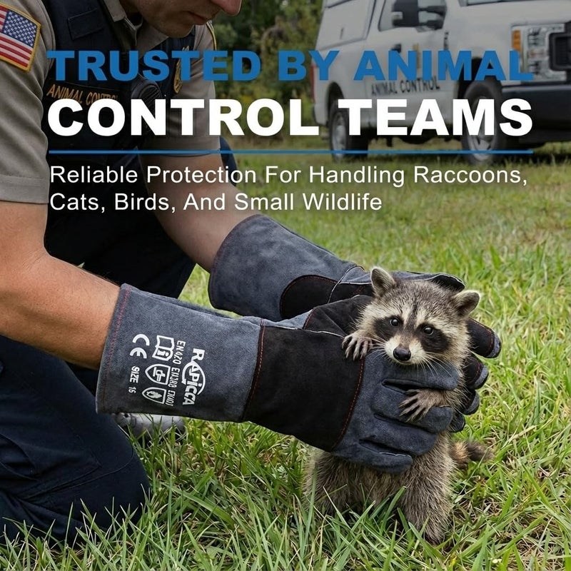 RAPICCA Animal Handling Gloves Bite Proof Reinforced Leather Padding Dog,Cat Scratch,Bird Handling Falconry Gloves Grabbing,Reptile Squirrel Snake Bite 22in Grey-Black - Image 3