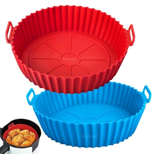 Solitude 2 Pcs Air Fryer Liners I Round Silicone Basket Baking Tray I Pot with Ear Handles I Nonstick Reusable Heat Resistant I Cooking Oven Insert Accessories - Multicolor (8 Inch) - Image 1