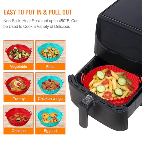 Solitude 2 Pcs Air Fryer Liners I Round Silicone Basket Baking Tray I Pot with Ear Handles I Nonstick Reusable Heat Resistant I Cooking Oven Insert Accessories - Multicolor (8 Inch) - Image 3