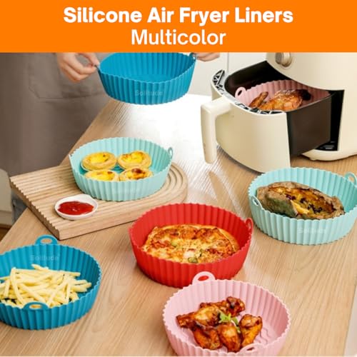 Solitude 2 Pcs Air Fryer Liners I Round Silicone Basket Baking Tray I Pot with Ear Handles I Nonstick Reusable Heat Resistant I Cooking Oven Insert Accessories - Multicolor (8 Inch) - Image 2