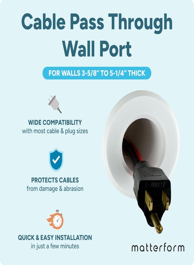 matterform Cable Pass Through Wall Port | Fits Cable Sizes up to 3-Prong Plug | Compatible with 3 5/8” - 5 1/4” Wall Thickness | Provides Solid Channel Through Wall (White) - Image 2