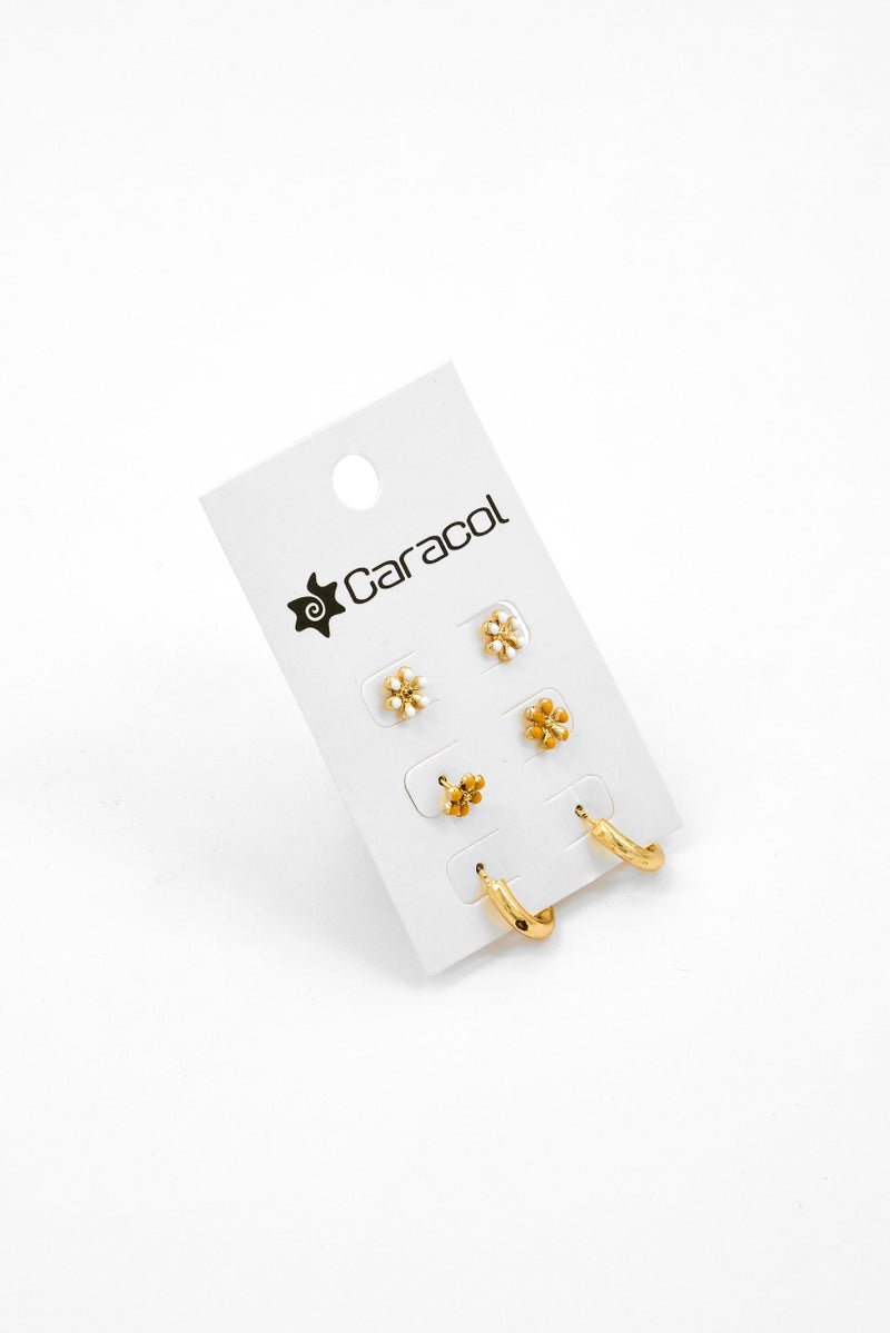 Caracol Women 3 Pairs Daisy Fixed Hoop Earings, Gold  - Image 1