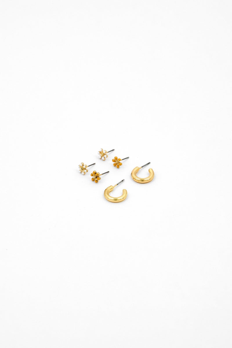 Caracol Women 3 Pairs Daisy Fixed Hoop Earings, Gold  - Image 2