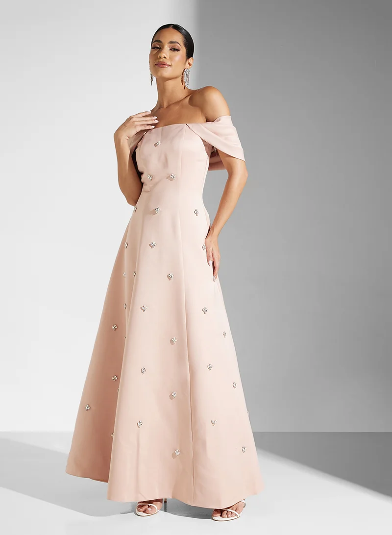 Akadia Fashion  OFF SHOULDER EMBELLISHED A LINE SATIN DRESS for Women | Best Price UAE