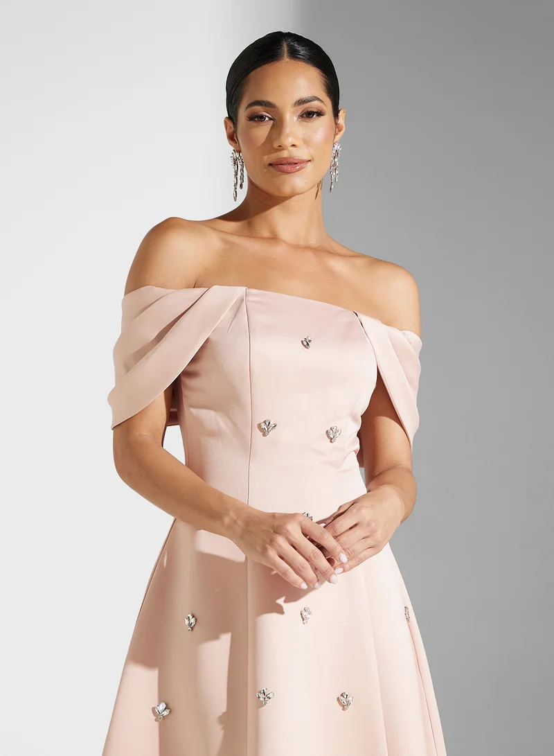 Akadia Fashion  OFF SHOULDER EMBELLISHED A LINE SATIN DRESS for Women | Best Price UAE