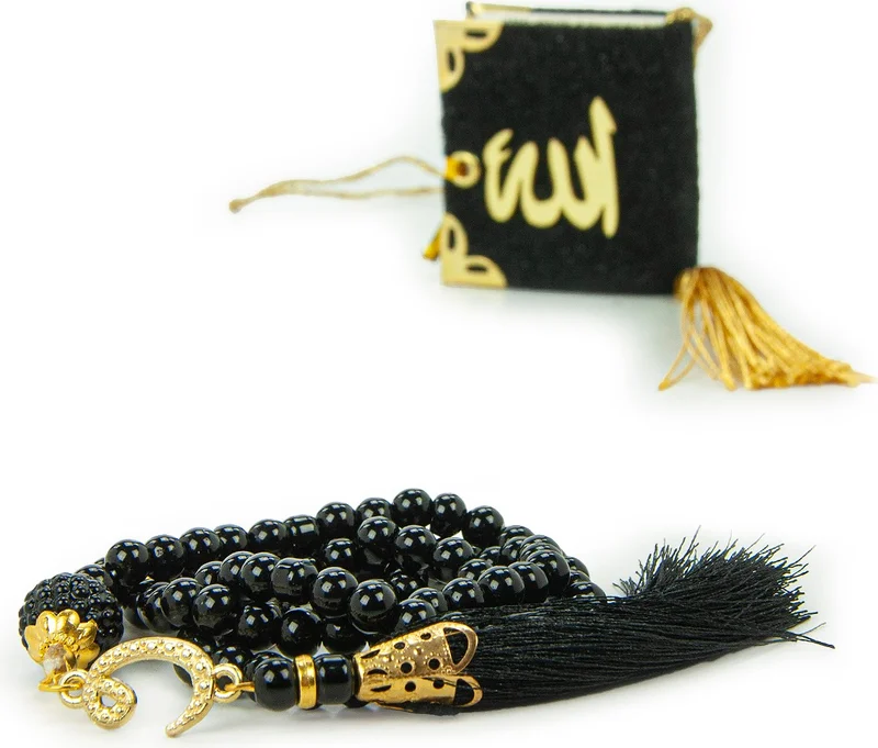 ايهفان اونلاين Ihvan Online Pearl Prayer Beads and Mini Velvet Quran Set Mevlüt Gift - Black