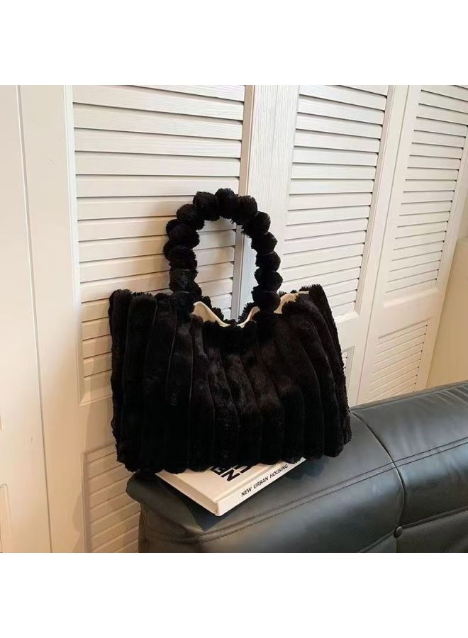 Plush Bag Simple Fashionable Shoulder Bag 2024 Fashionable Hand Tote Bag Work Commuter Texturing Women's Bag-Color:Versatile Black - Image 1