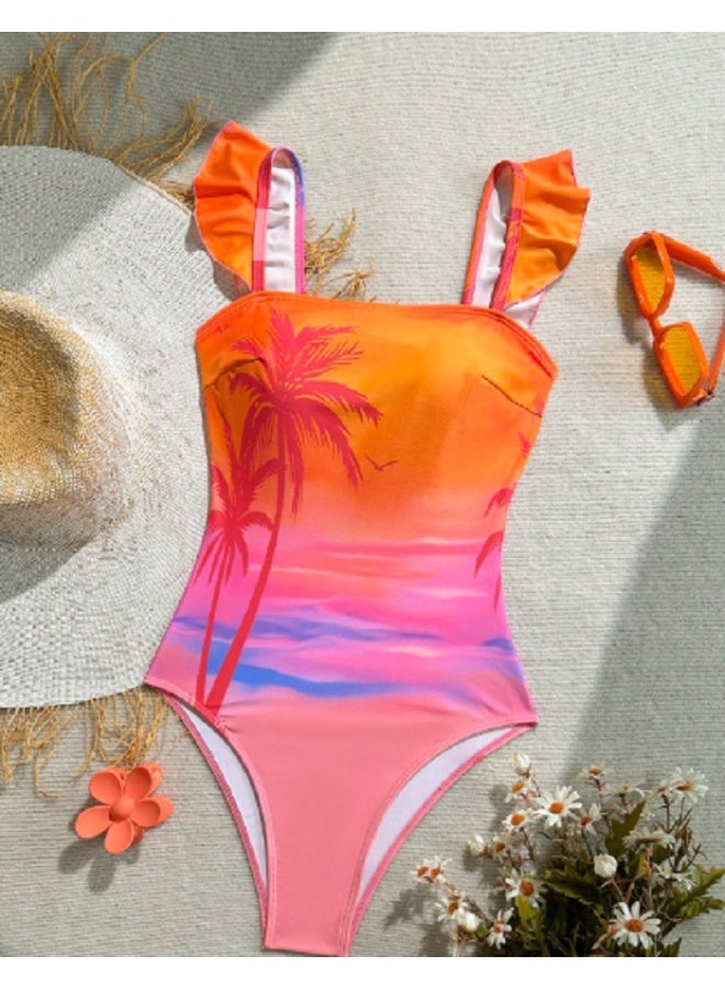 SHEIN  1pc Women's Ruffled Hem & Shoulder Strap All-Over Print One-Piece Swimsuit Swim Suits For Women Summer Bathing Suits For Woman Bathing Suits For Women Swimming Suits For Woman Swim Suits For Women One Piec - Image 4