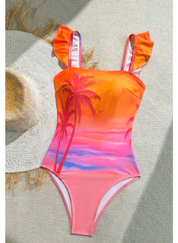 SHEIN  1pc Women's Ruffled Hem & Shoulder Strap All-Over Print One-Piece Swimsuit Swim Suits For Women Summer Bathing Suits For Woman Bathing Suits For Women Swimming Suits For Woman Swim Suits For Women One Piec - Image 1