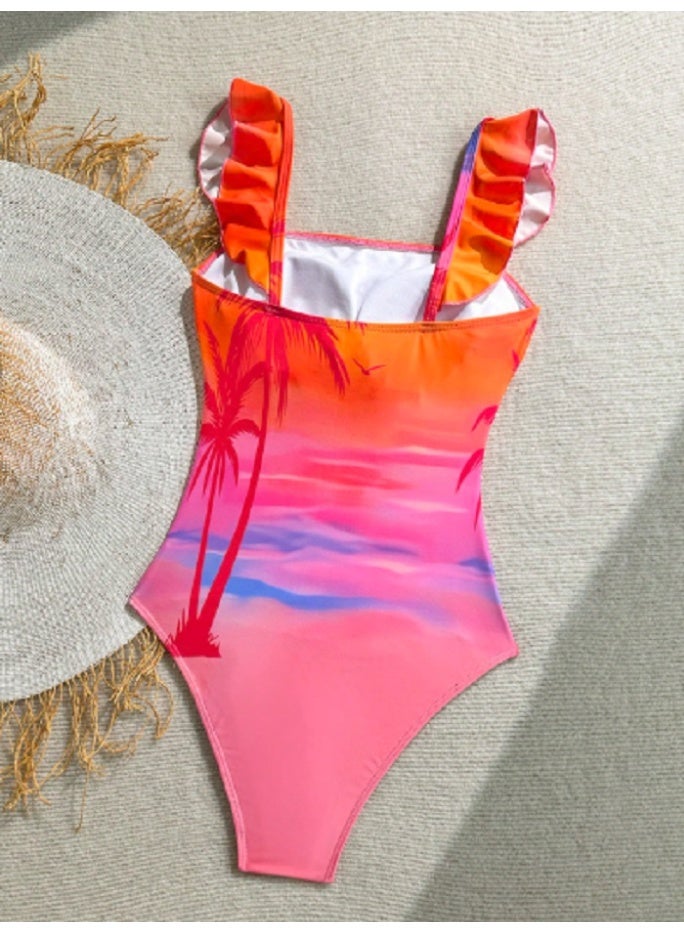 SHEIN  1pc Women's Ruffled Hem & Shoulder Strap All-Over Print One-Piece Swimsuit Swim Suits For Women Summer Bathing Suits For Woman Bathing Suits For Women Swimming Suits For Woman Swim Suits For Women One Piec - Image 2