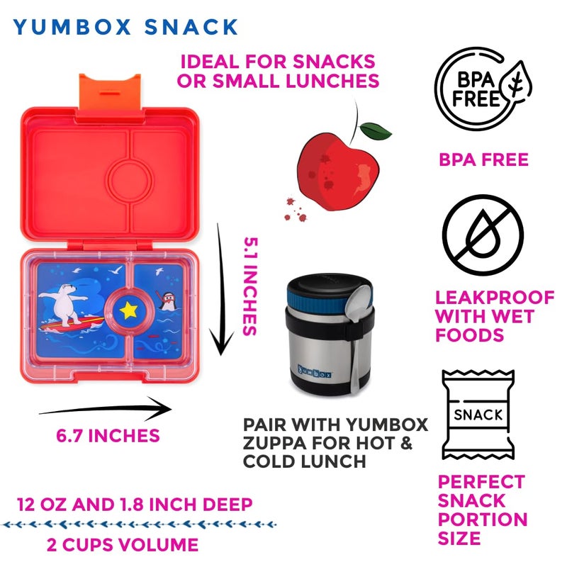 Yumbox صندوق غداء يامبوكس للوجبات الخفيفة للأطفال والبالغين 3 أقسام صندوق غداء محمول خالي من BPA والفثالات صندوق خارجي من ABS صينية تيتان قابلة للإزالة ختم سيليكون صندوق خارجي أحمر صينية دب قطبي 480 مل - Image 2