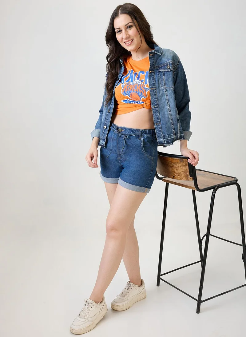 Globus Women Med Blue Slim Fit Mid-Rise Drawstring Closure Denim Shorts