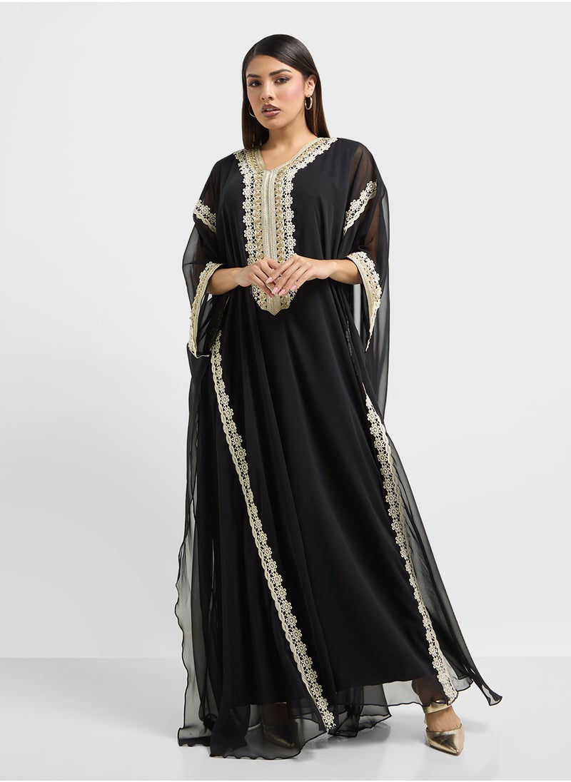hayas closet - Embroidered V-Neck Cape Sleeve Moroccan Dress - Image 1
