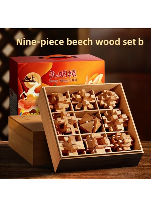Luban Lock Kongming Lock Complete Set Of Kidsren's Toys For Primary School Students Over 10 Years Old 12 Mortise And Tenon Building Blocks Intelligence Unlocking-Color:[high-end Gift Box] Nine-piece Beech Wood Set B