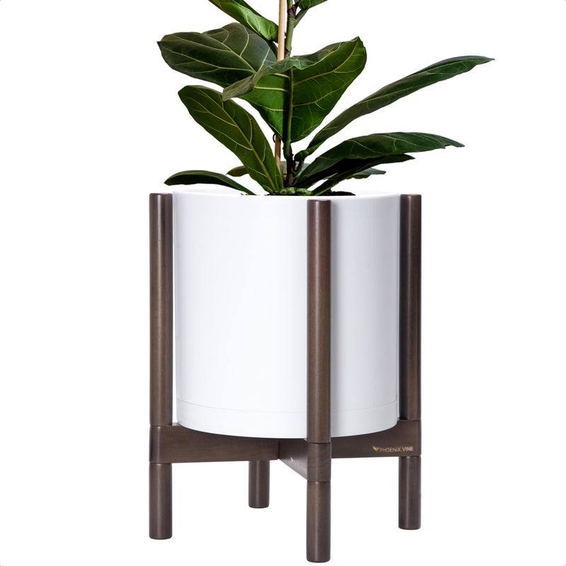D'vine Dev Planter with Stand - 12 Inch Plastic Cylinder Flower Pot with Wood Holder for Indoor, Matte White Pot + Walnut Color Stand, 55-C-O-1 - Image 1