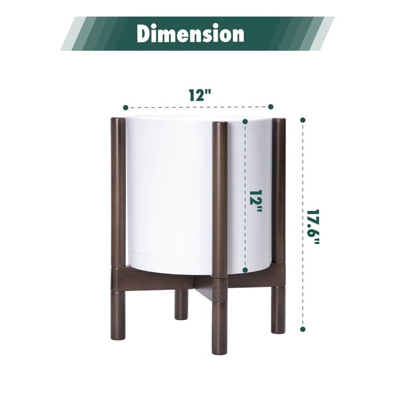 D'vine Dev Planter with Stand - 12 Inch Plastic Cylinder Flower Pot with Wood Holder for Indoor, Matte White Pot + Walnut Color Stand, 55-C-O-1 - Image 3