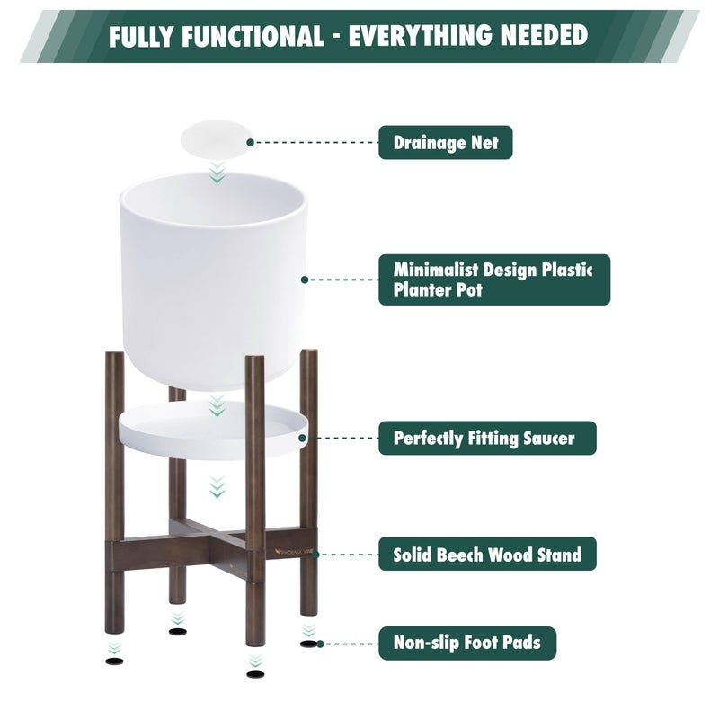 D'vine Dev Planter with Stand - 12 Inch Plastic Cylinder Flower Pot with Wood Holder for Indoor, Matte White Pot + Walnut Color Stand, 55-C-O-1 - Image 5