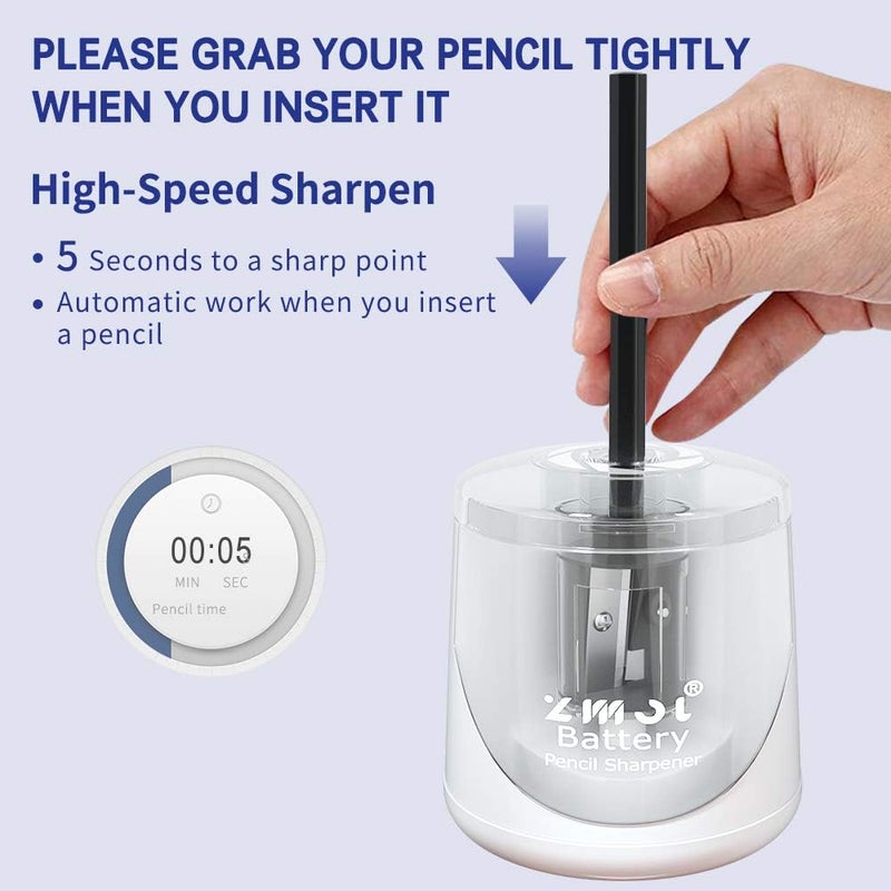 Zmol Battery Powered Electric Pencil Sharpener,Small Battery Operated Pencil Sharpeners Portable,Fast Sharpen, Suitable for No.2/Colored Pencils(6-8mm), School/Classroom/Office/Home (White) - Image 2