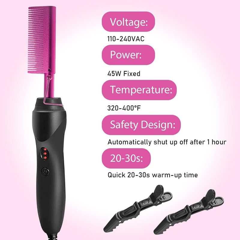 Goiple Electric Hot Comb Pink Hair Straightener Electrical Straightening Comb Curling Iron for Natural Black Hair Wigs with Wide Tooth/Rat Tail Comb, Wax Stick, Wig Cap, Edge Band, Hair Clips - Image 3
