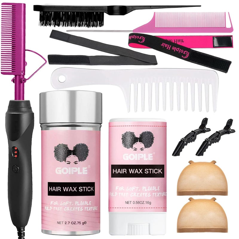 Goiple Electric Hot Comb Pink Hair Straightener Electrical Straightening Comb Curling Iron for Natural Black Hair Wigs with Wide Tooth/Rat Tail Comb, Wax Stick, Wig Cap, Edge Band, Hair Clips - Image 1