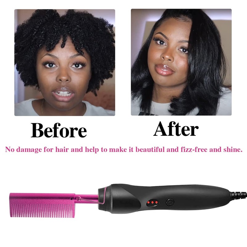 Goiple Electric Hot Comb Pink Hair Straightener Electrical Straightening Comb Curling Iron for Natural Black Hair Wigs with Wide Tooth/Rat Tail Comb, Wax Stick, Wig Cap, Edge Band, Hair Clips - Image 5