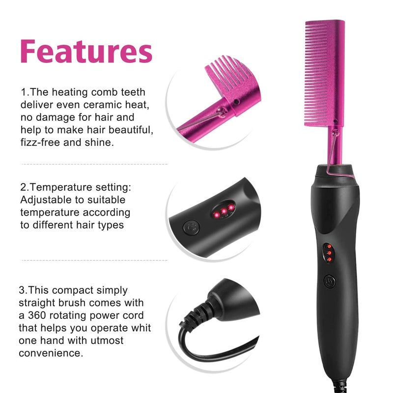 Goiple Electric Hot Comb Pink Hair Straightener Electrical Straightening Comb Curling Iron for Natural Black Hair Wigs with Wide Tooth/Rat Tail Comb, Wax Stick, Wig Cap, Edge Band, Hair Clips - Image 2