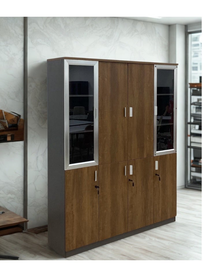 SMART HOME Wooden office file cabinet and storage cabinet with 4 doors (height 200 cm, width 160 cm) - Document and paper organization cabinet with glass and security keys for offices and companies - Image 1