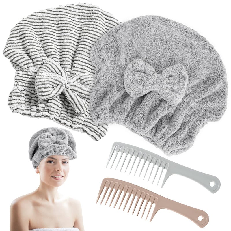 HMIEPRS 2 Pack Microfiber Hair Towel Cap Quick Drying Cap Soft Absorbent Towel and 2 Combs for Curly Long Thick Dry or Wet Hair Stripe and Gray
