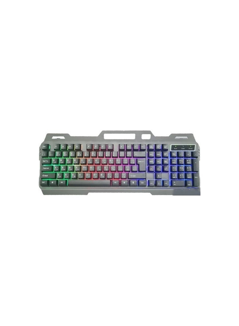 Gaming Keyboard with Rainbow LED Lighting, Metal Cover, Arabic & English Keys - Ergonomic and Durable for Enhanced Gaming 