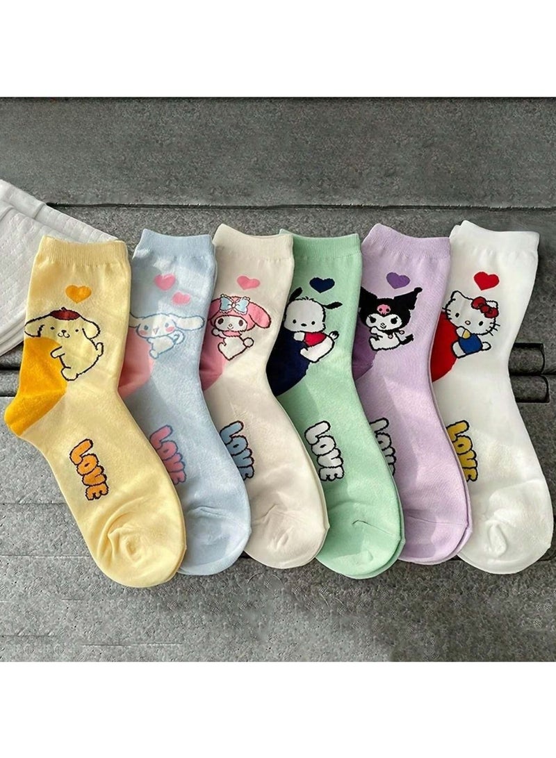 Cartoon print socks with Sanrio characters design  6 pairs - Image 1