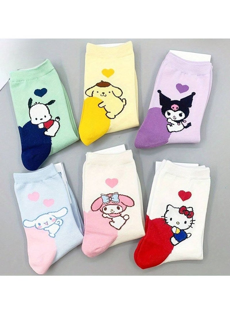 Cartoon print socks with Sanrio characters design  6 pairs - Image 3
