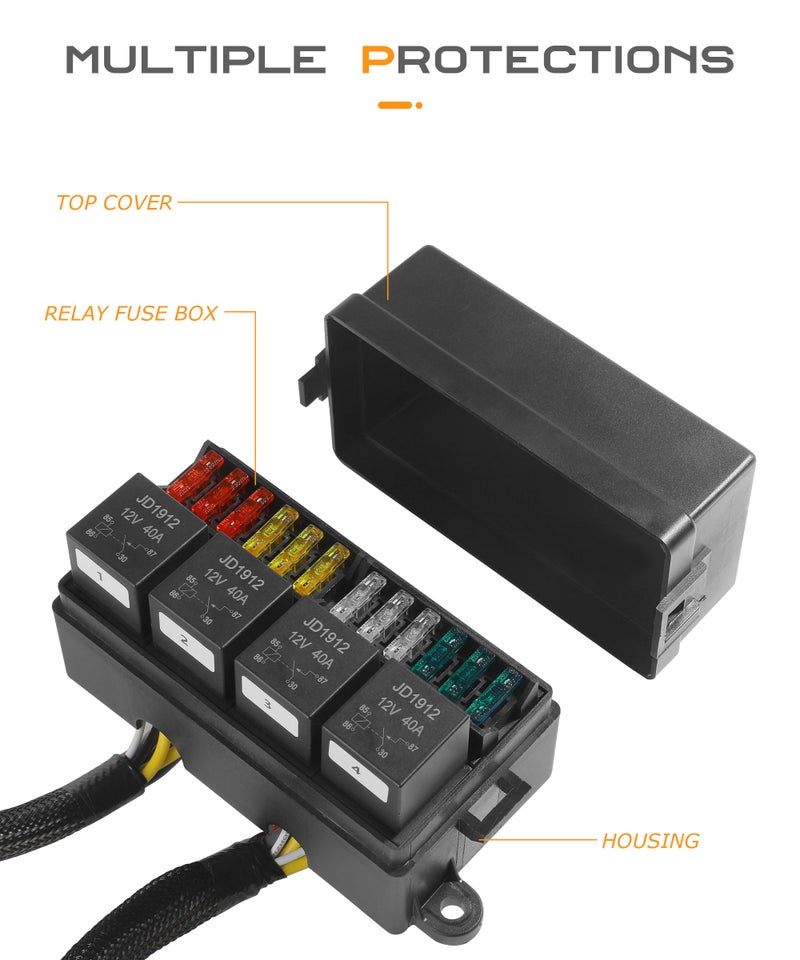 SCUARI Fuse Box,Car Accessories 12V Fuse Block,Pre-Wired Relay Box,Fuse Blocks 12 Volt Automotive,Water Proof Automotive Fuse Block with 4 Relays and 12 Way ATC/ATO Fuses,Suitable for Most Cars - Image 4