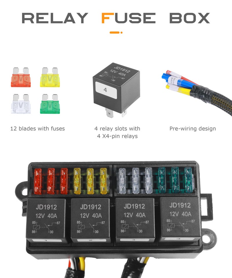 SCUARI Fuse Box,Car Accessories 12V Fuse Block,Pre-Wired Relay Box,Fuse Blocks 12 Volt Automotive,Water Proof Automotive Fuse Block with 4 Relays and 12 Way ATC/ATO Fuses,Suitable for Most Cars - Image 3