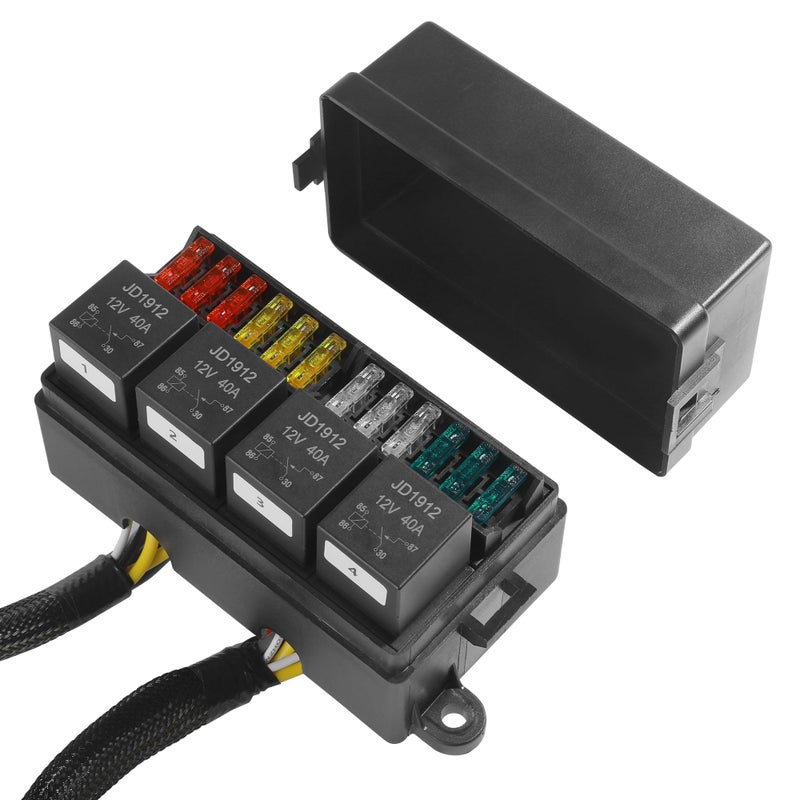 SCUARI Fuse Box,Car Accessories 12V Fuse Block,Pre-Wired Relay Box,Fuse Blocks 12 Volt Automotive,Water Proof Automotive Fuse Block with 4 Relays and 12 Way ATC/ATO Fuses,Suitable for Most Cars - Image 1