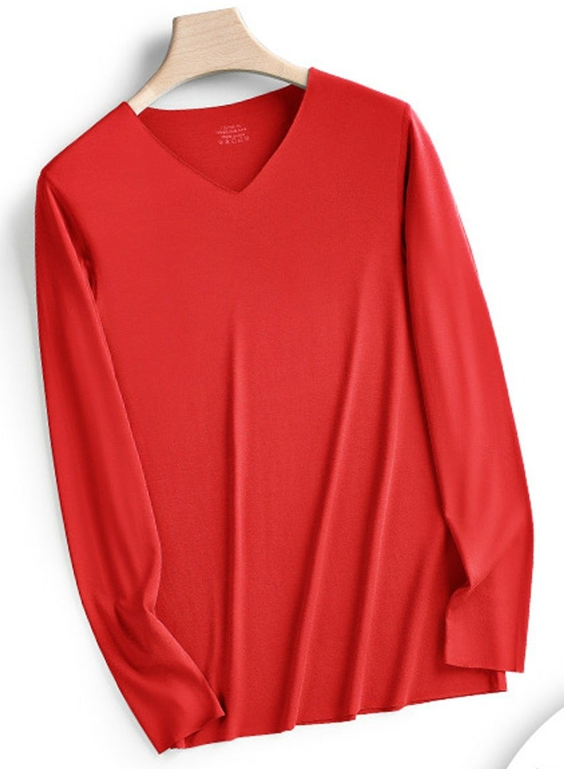 Loquat Mens Solid Color Soft Seamless V-Neck Thermal Underwear Shirt Cold Weather Base Layer,Long Sleeve T-Shirt Red 