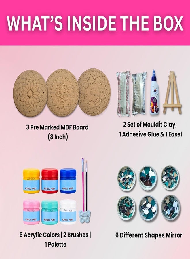 Parssufy مجموعة بارسوفي ليبان الفنية لتزيين الجدران - 3 ألواح MDF مقاس 8 بوصات مُعلّمة مسبقًا مع ألوان أكريليك، طين، مرايا حرفية، فرش وحامل | مجموعة فنون الطين التقليدية للأطفال والكبار - Image 2
