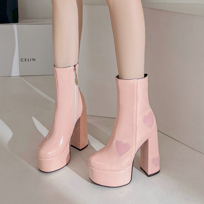 Martin Boots Square Toe Chunky Heel Short Boots Thick Bottom Waterproof Platform Black All-Match High Heels Love Stitching Short Boots - Image 3